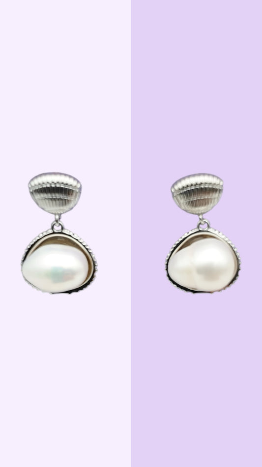 Silver Seashell Baroque Pearl Drops