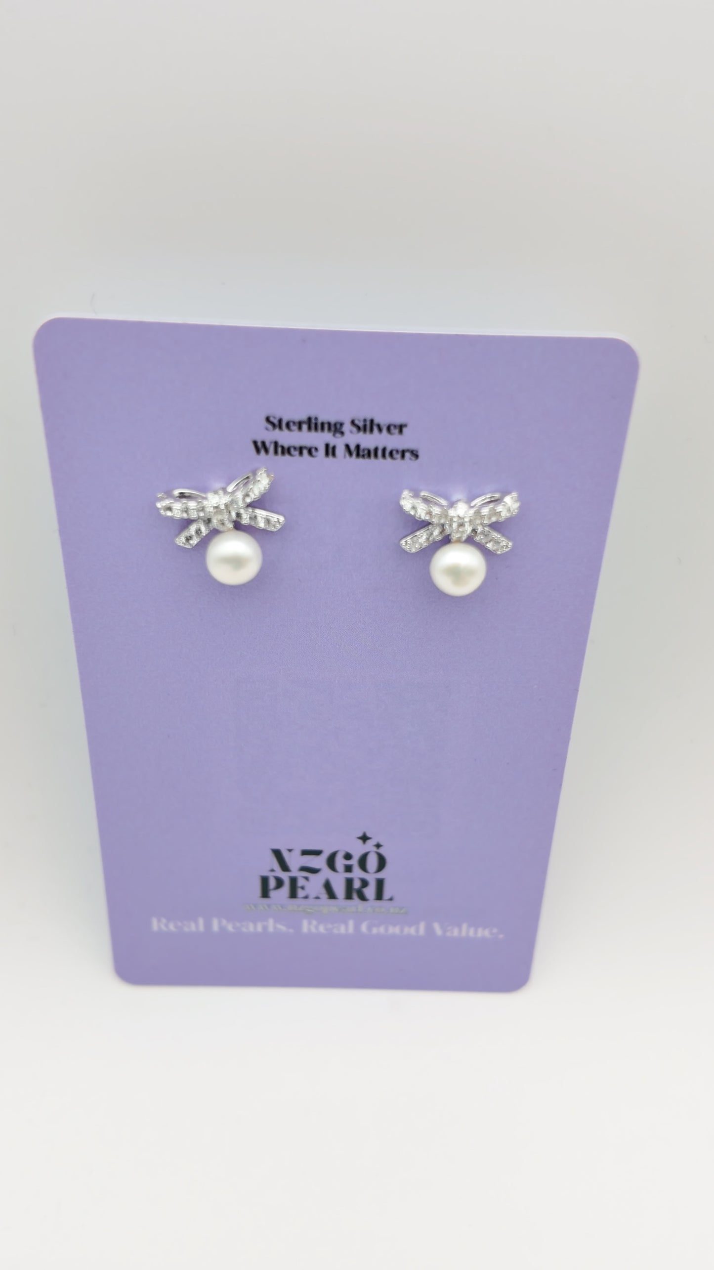 Crystal Ribbon Pearl Studs – Silver
