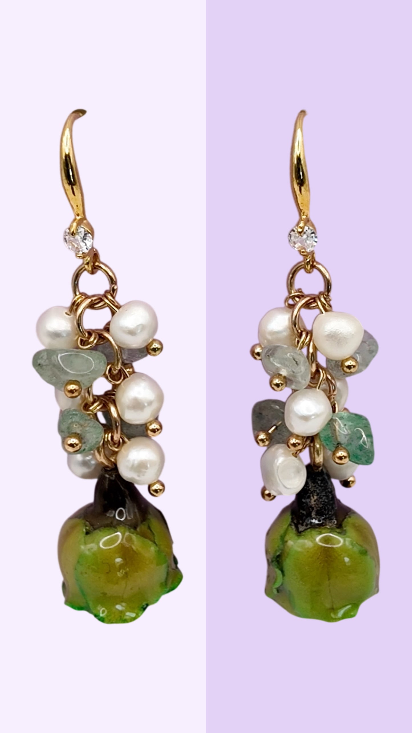 Green Bloom Pearl Cluster Drop Earrings