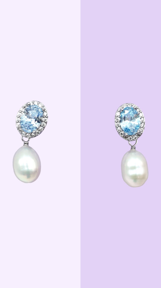 Blue CZ & Pearl Drop Stud Earrings