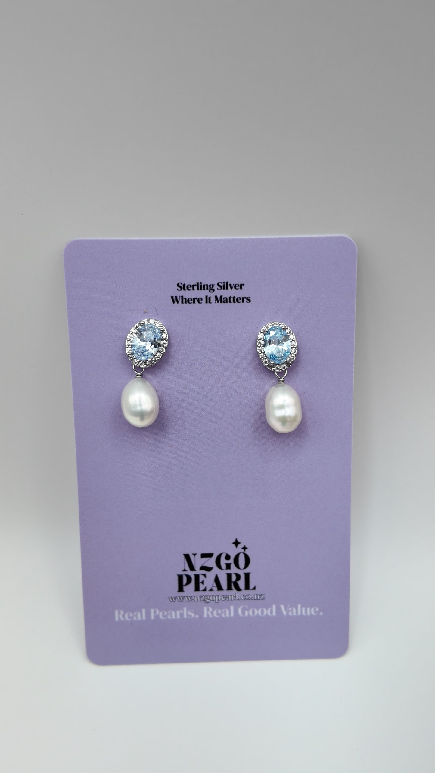 Blue CZ & Pearl Drop Stud Earrings