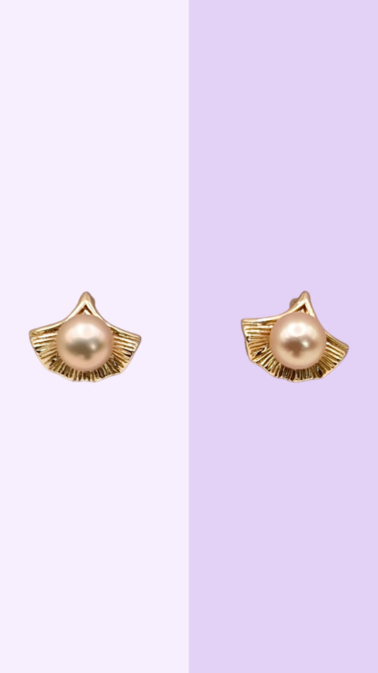 Golden Fan Pearl Stud Earrings