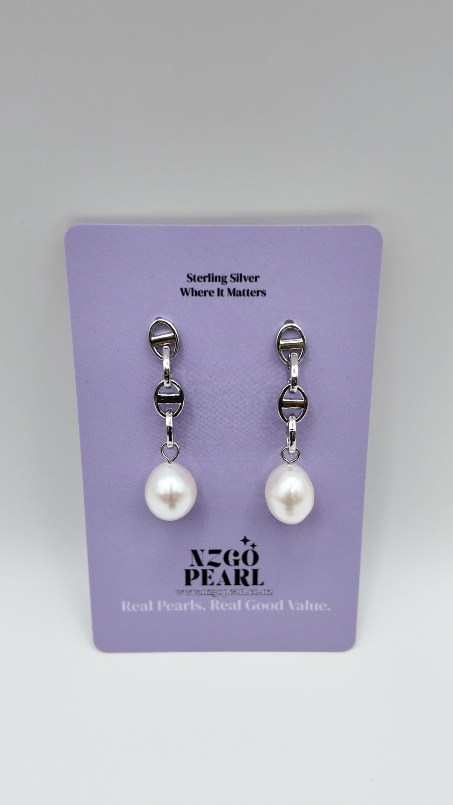Modern Link Pearl Drop Stud Earrings