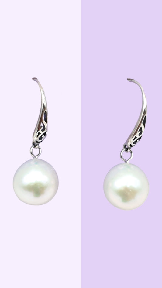 Carved Hook Pearl Drop Earrings – Solid Sterling Silver