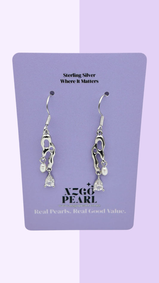 Abstract Silver Drop Earrings with Mini Pearl
