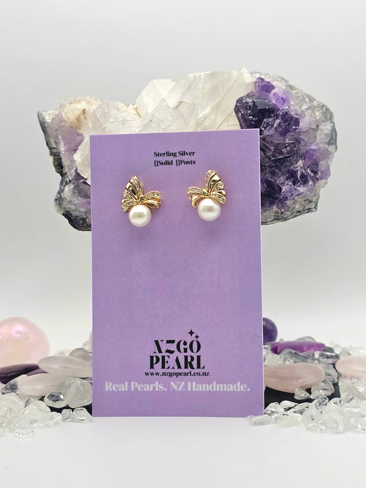 Graceful Ribbon Bow Pearl Earrings