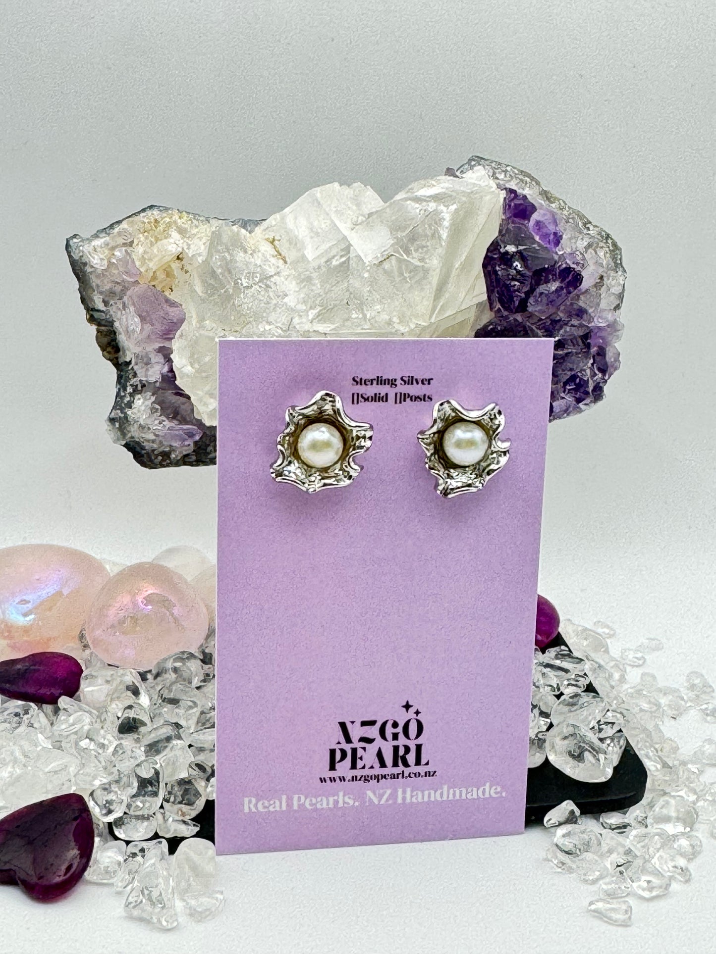 Blossom Pearl Studs – Organic Silver Petal Design