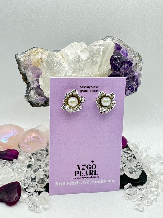 Blossom Pearl Studs – Organic Silver Petal Design
