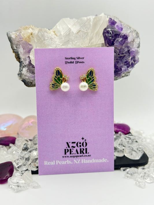 Papillon Pearl Studs – Enamel Butterflies