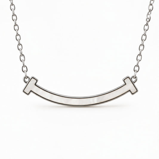 Curved mother of pearl bar necklace in silver