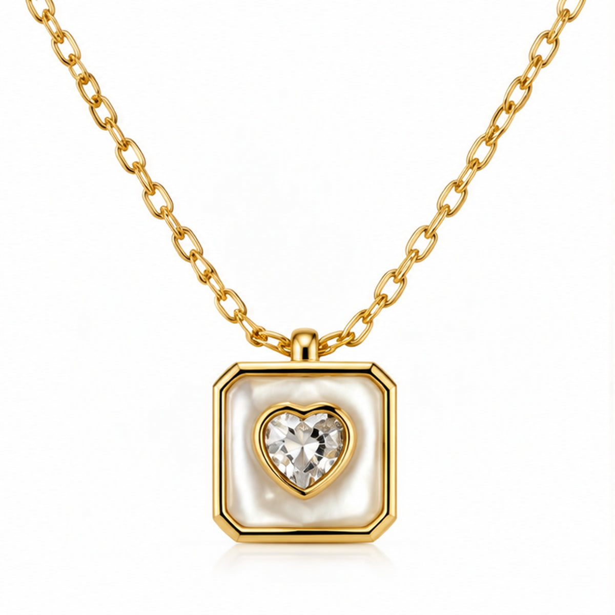 Gold heart crystal mother of pearl square pendant necklace