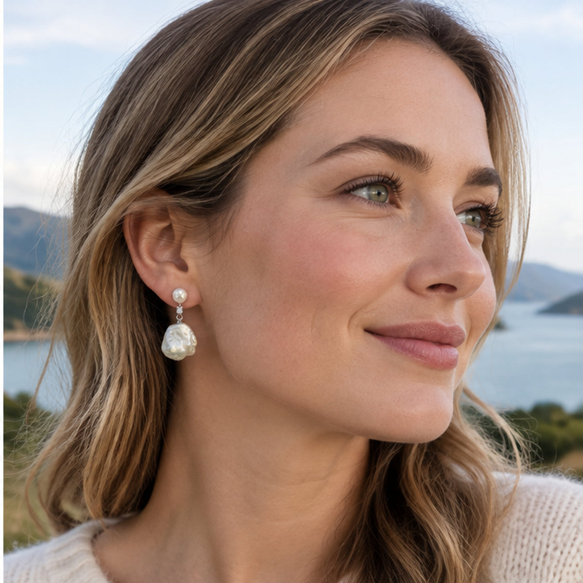 NZGO Pearl baroque real pearl drop earring worn at realistic scale