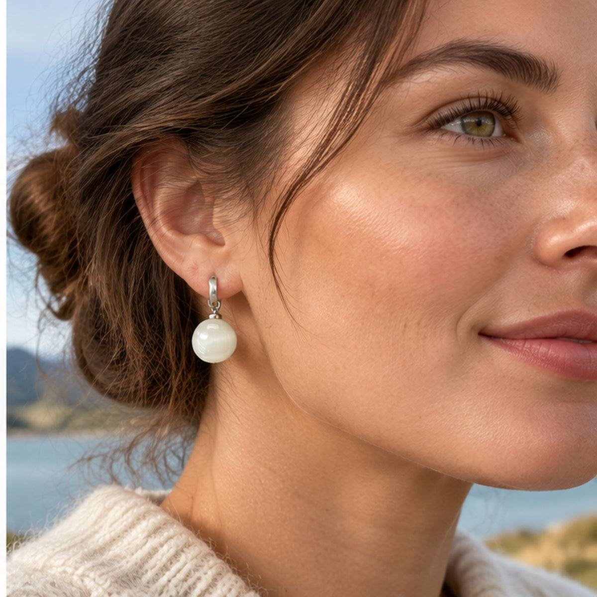 NZGO Pearl Cat's Eye bead sterling silver hoop earrings worn at realistic scale