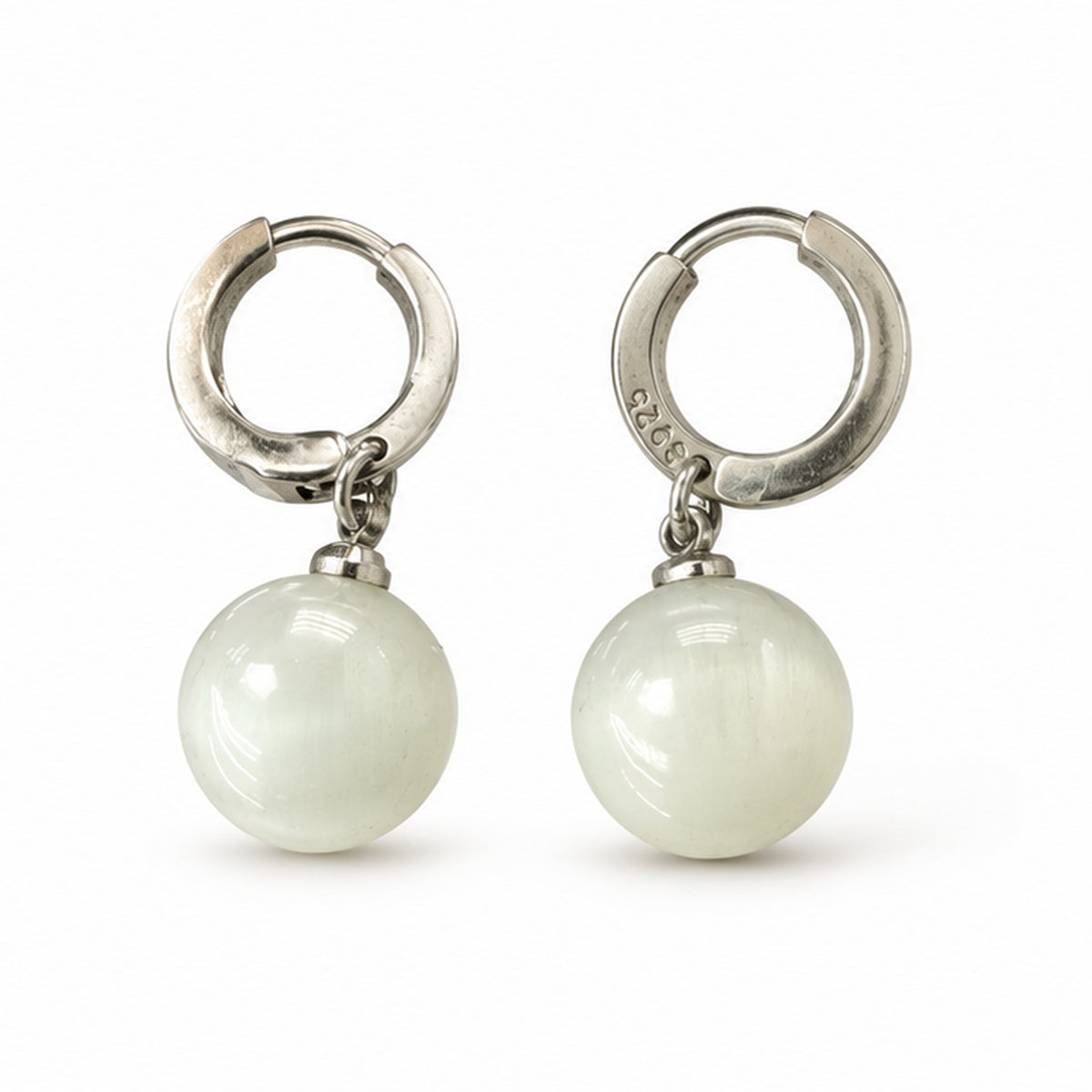 NZGO Pearl Cat's Eye bead sterling silver hoop earrings on a clean white background
