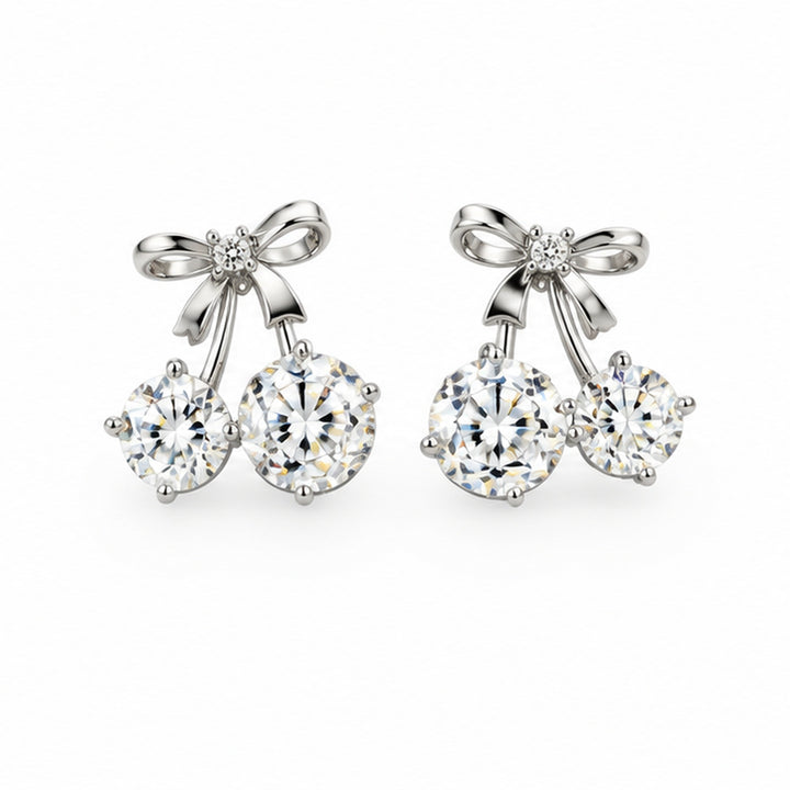 NZGO Pearl clear stone bow double drop stud earrings on a clean white background