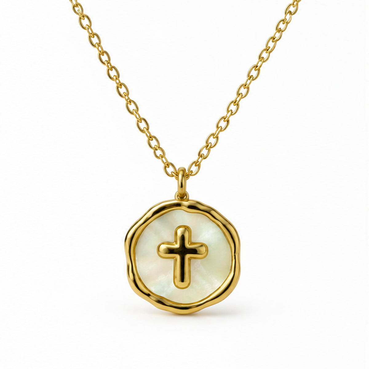 NZGO Pearl cross medallion pendant necklace on a clean white background