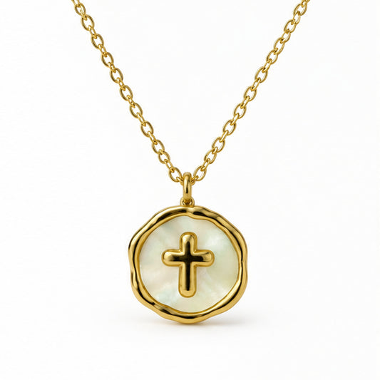 NZGO Pearl cross medallion pendant necklace on a clean white background