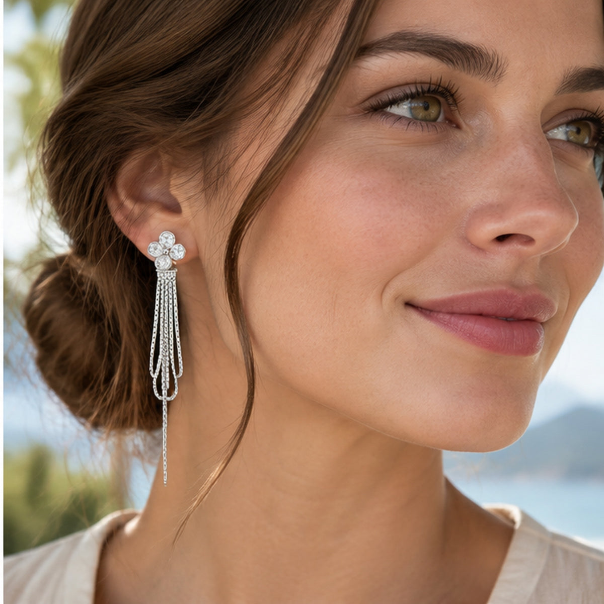 NZGO Pearl crystal flower chain tassel earrings worn at realistic scale