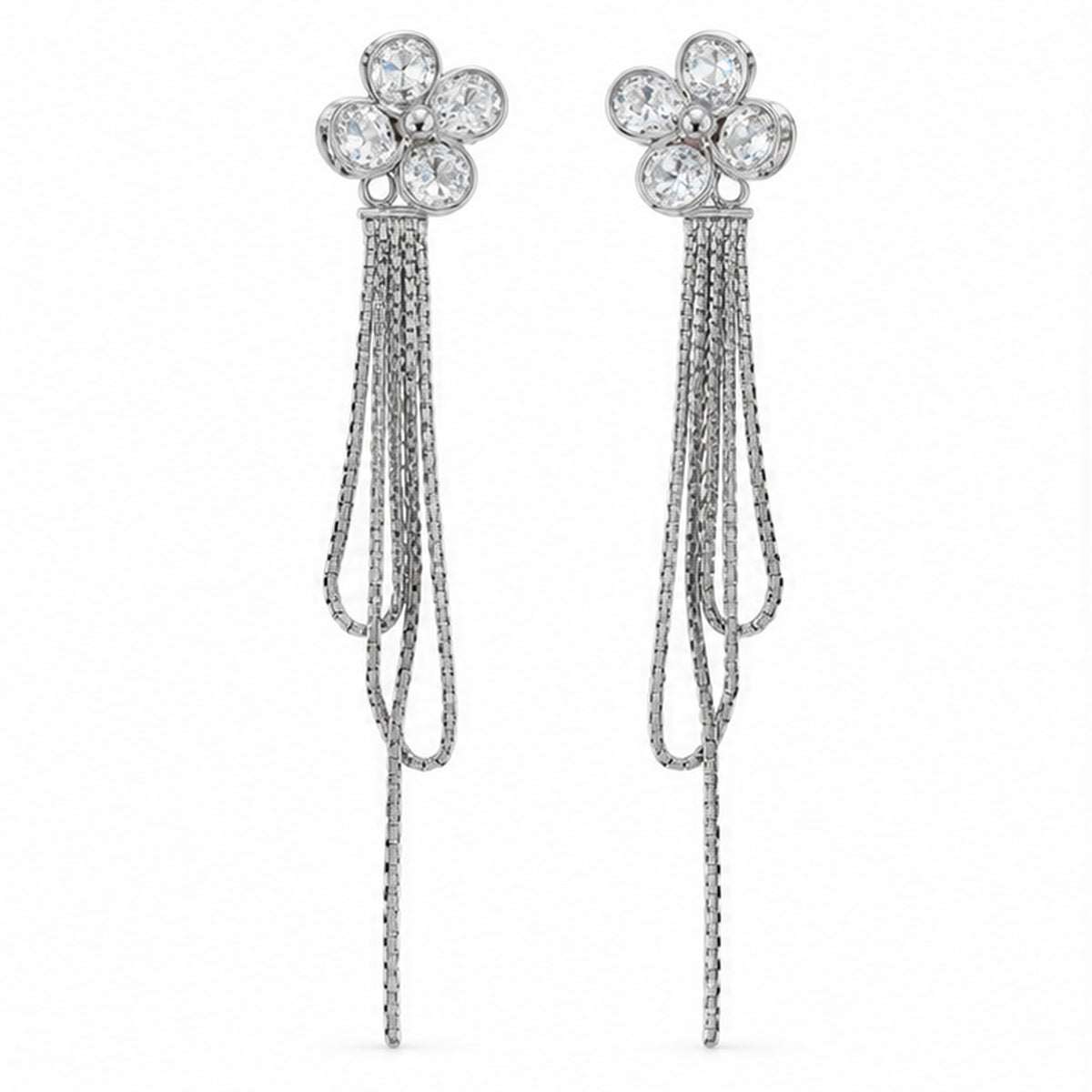 NZGO Pearl crystal flower chain tassel earrings on a clean white background