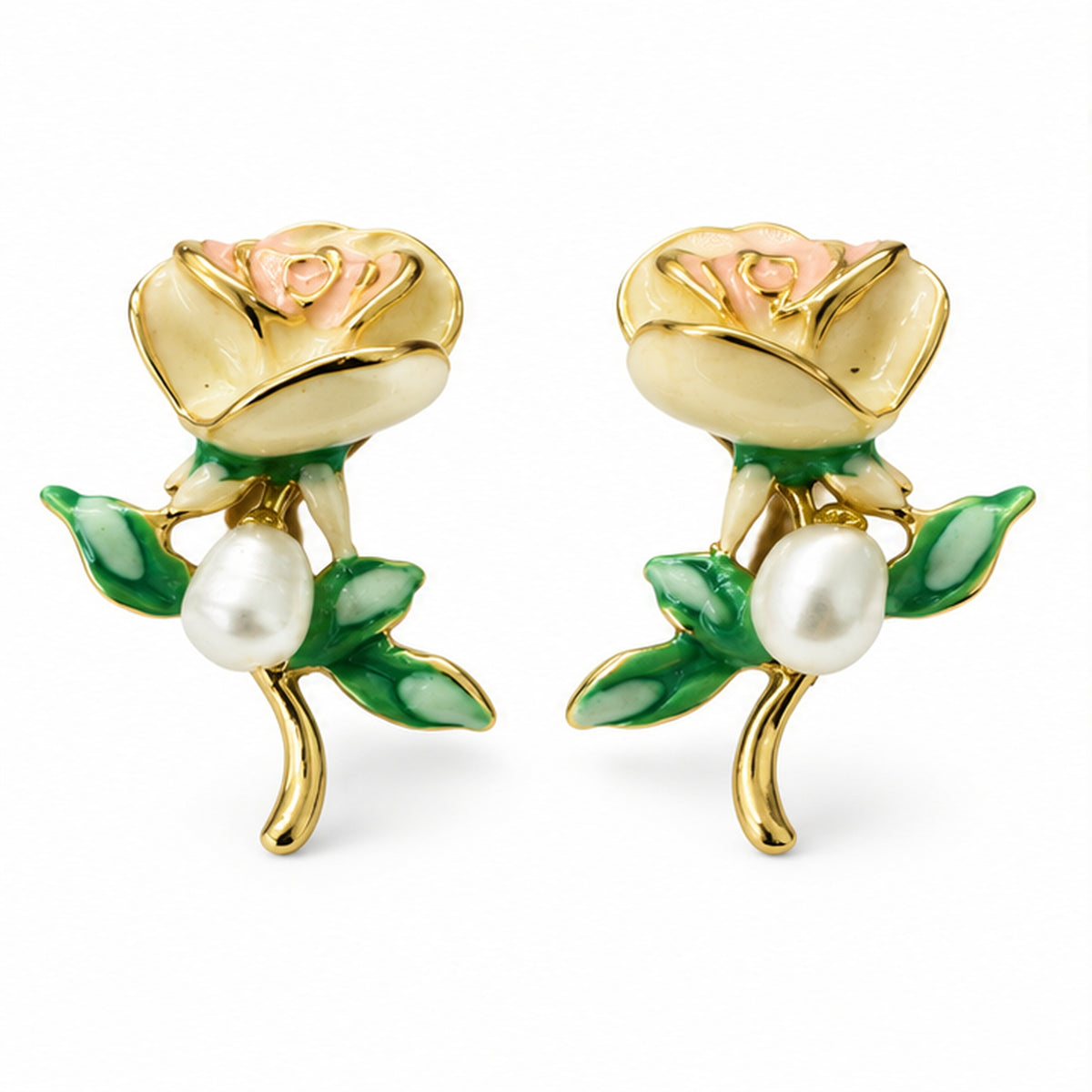 NZGO Pearl enamel rose real pearl earrings on a clean white background