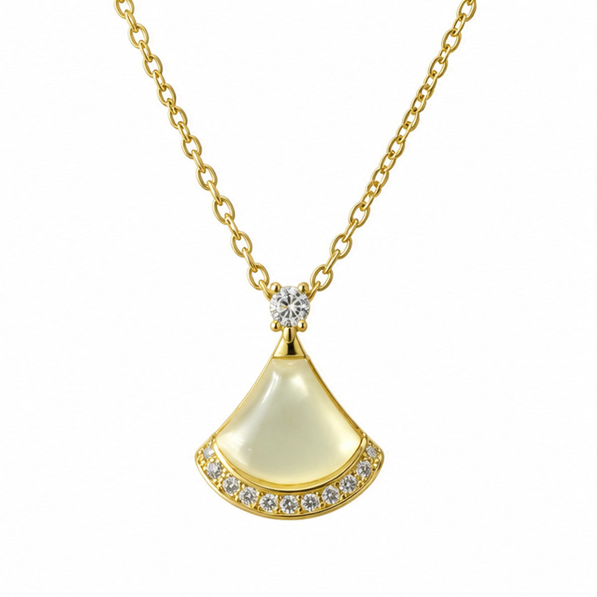NZGO Pearl fan crystal pendant necklace on a clean white background