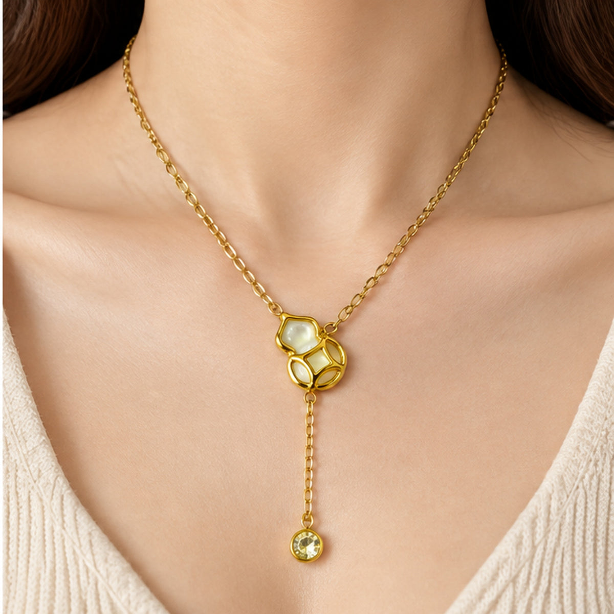 NZGO Pearl geometric crystal drop Y necklace worn at realistic scale
