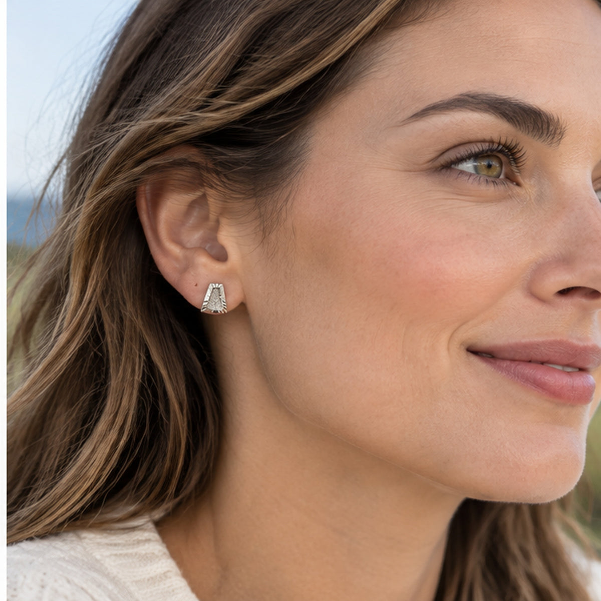 NZGO Pearl geometric trapezoid earrings worn at realistic scale