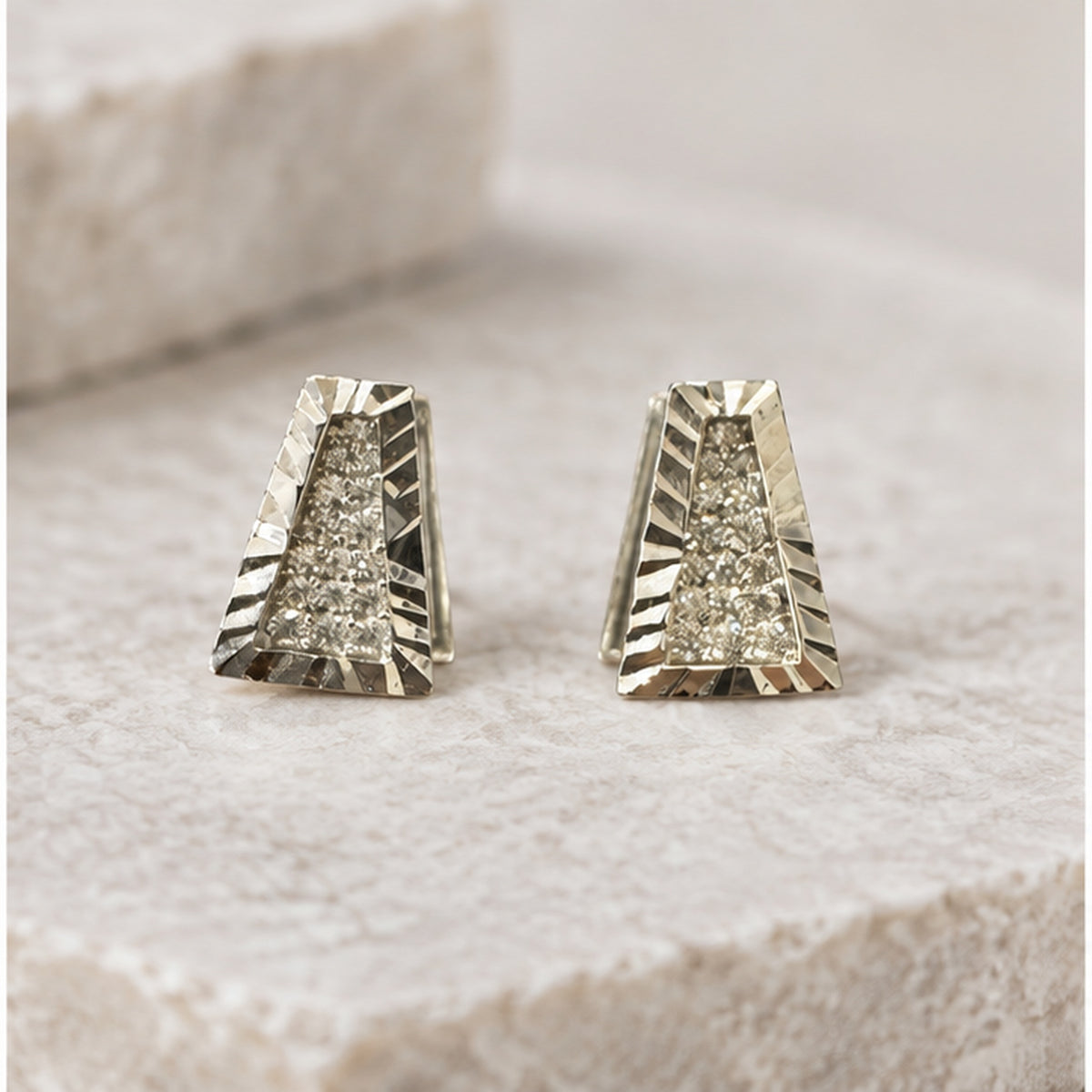NZGO Pearl geometric trapezoid earrings in a neutral studio setting