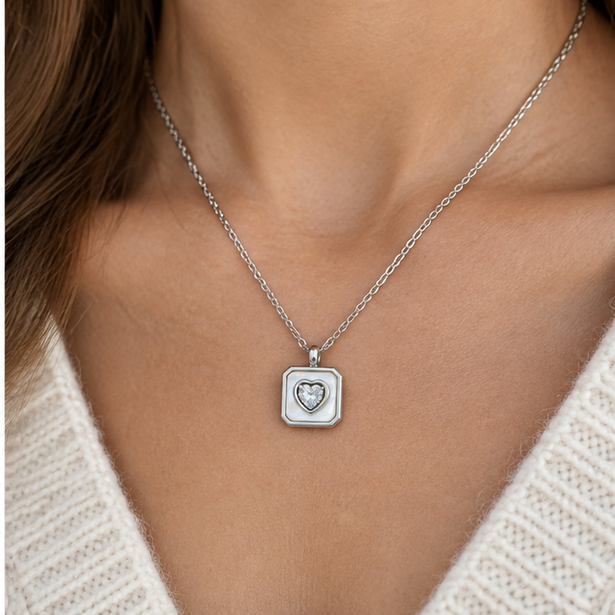 NZGO Pearl heart crystal square pendant necklace worn at realistic scale