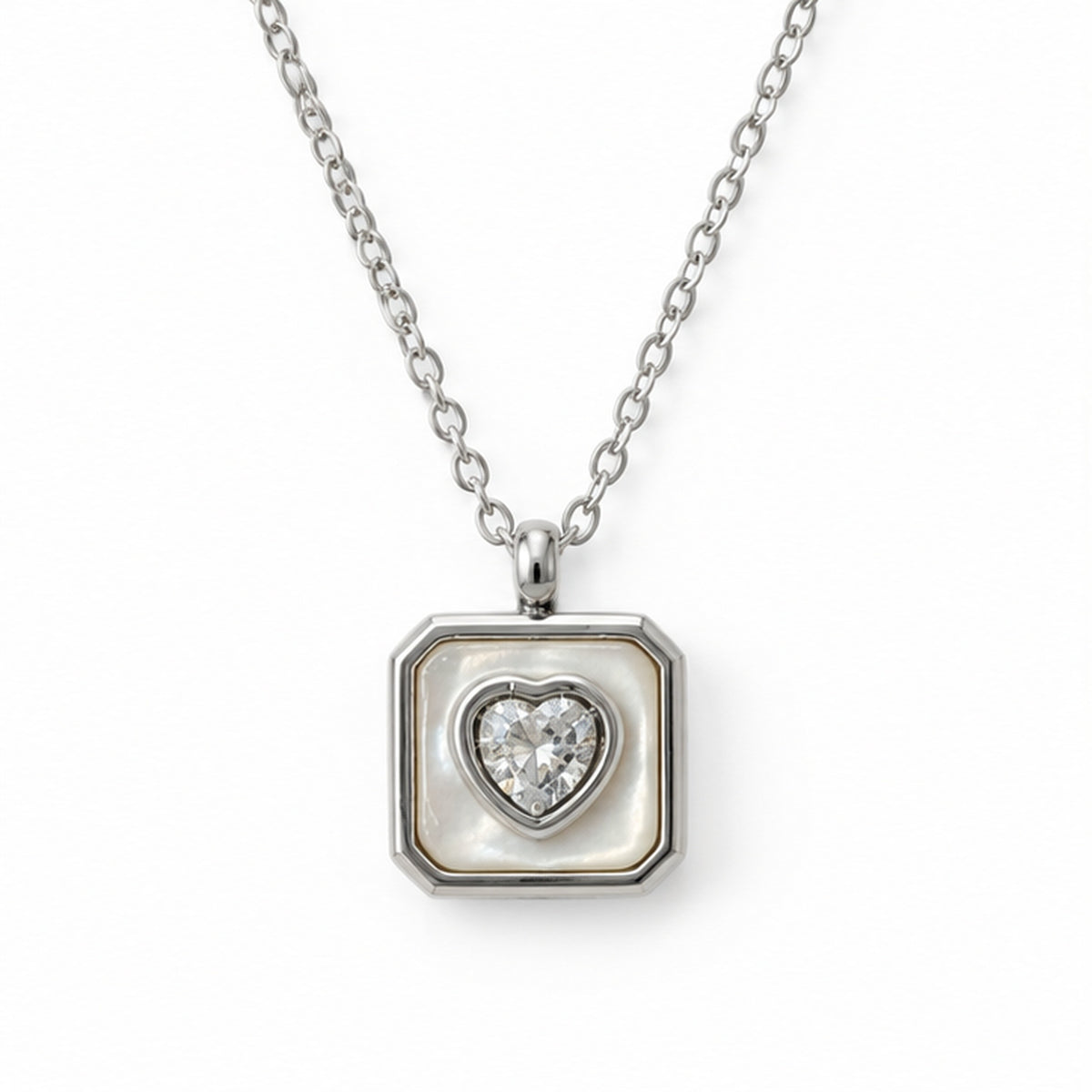NZGO Pearl heart crystal square pendant necklace on a clean white background