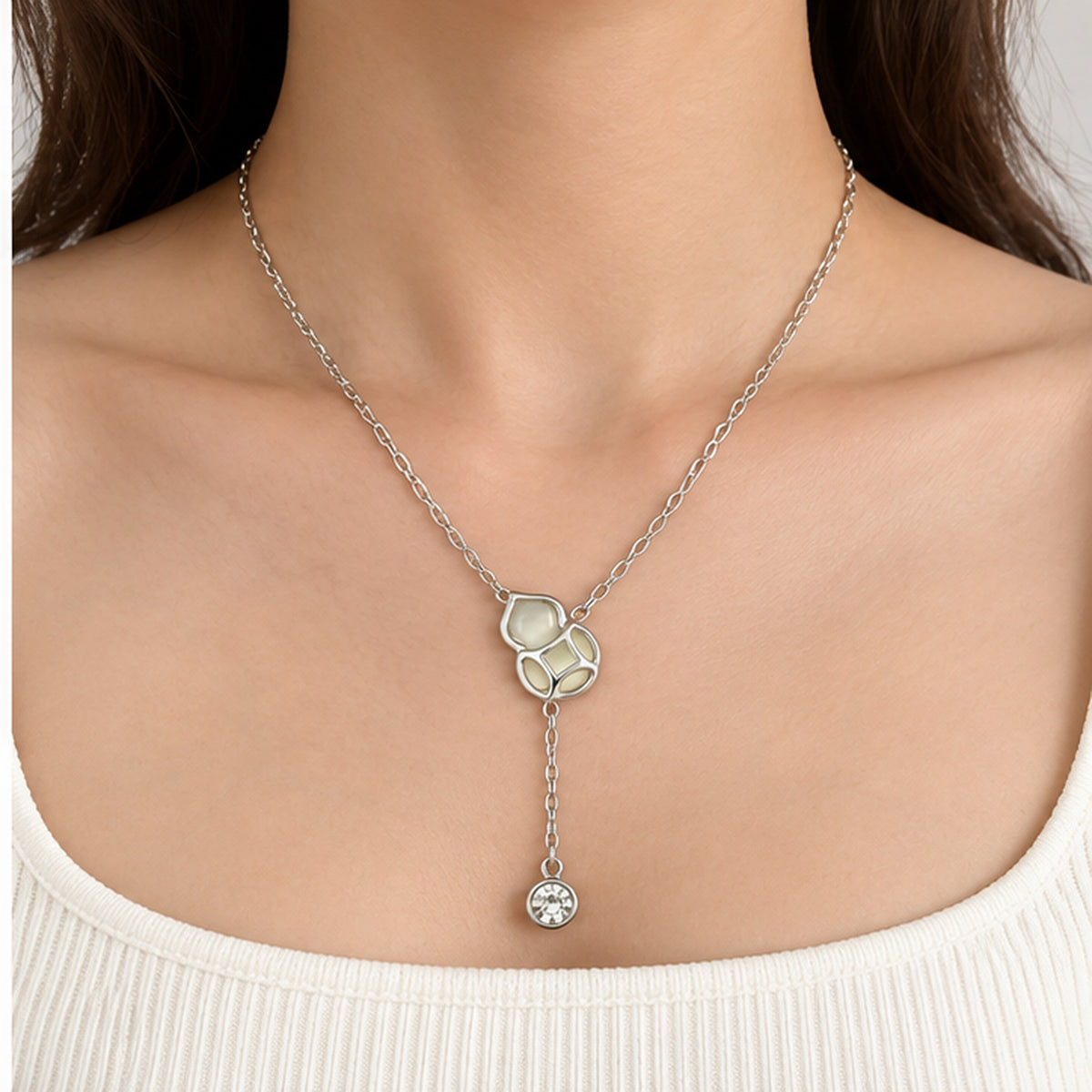 NZGO Pearl lattice crystal drop Y necklace worn at realistic scale