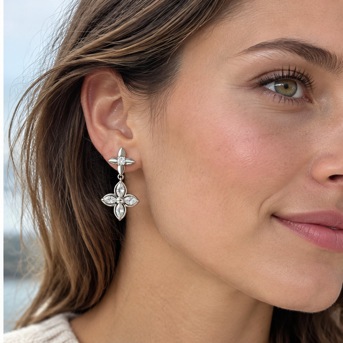 NZGO Pearl marquise crystal floral drop earrings worn at realistic scale