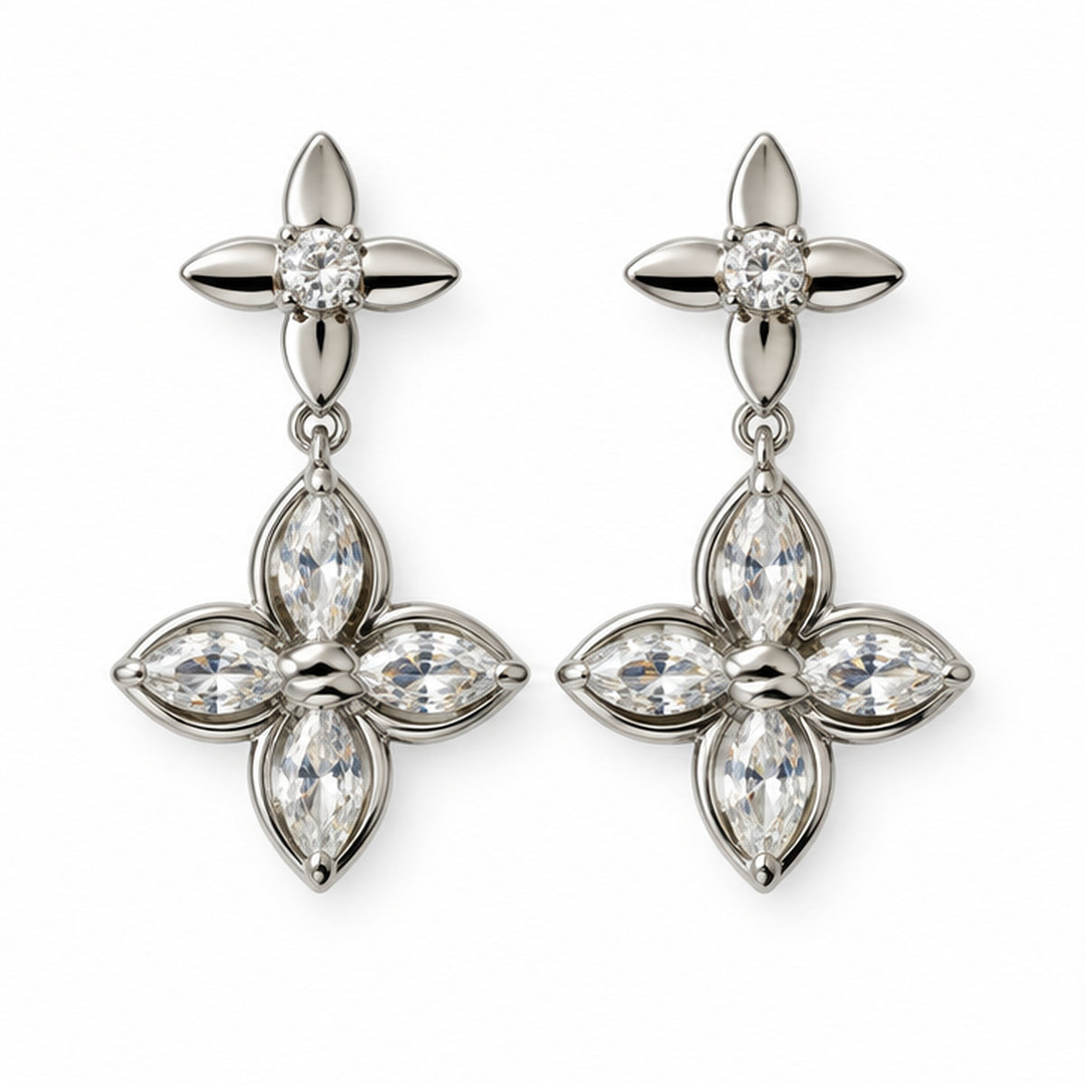 NZGO Pearl marquise crystal floral drop earrings on a clean white background
