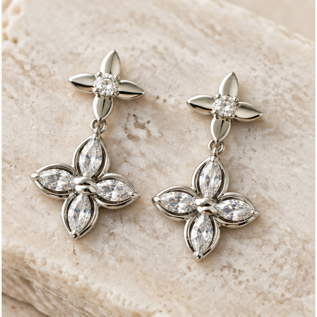 NZGO Pearl marquise crystal floral drop earrings in a neutral studio setting