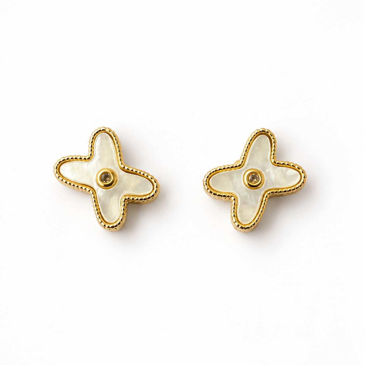 NZGO Pearl real mother of pearl clover stud earrings on a clean white background