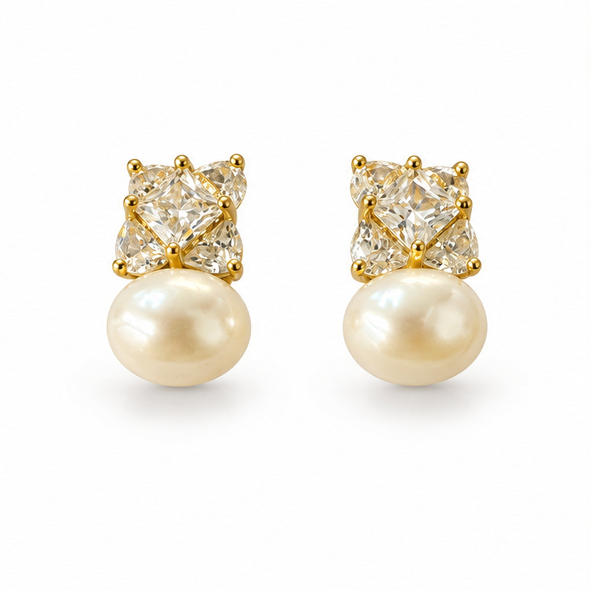 NZGO Pearl real pearl clear stone cluster stud earrings on a clean white background
