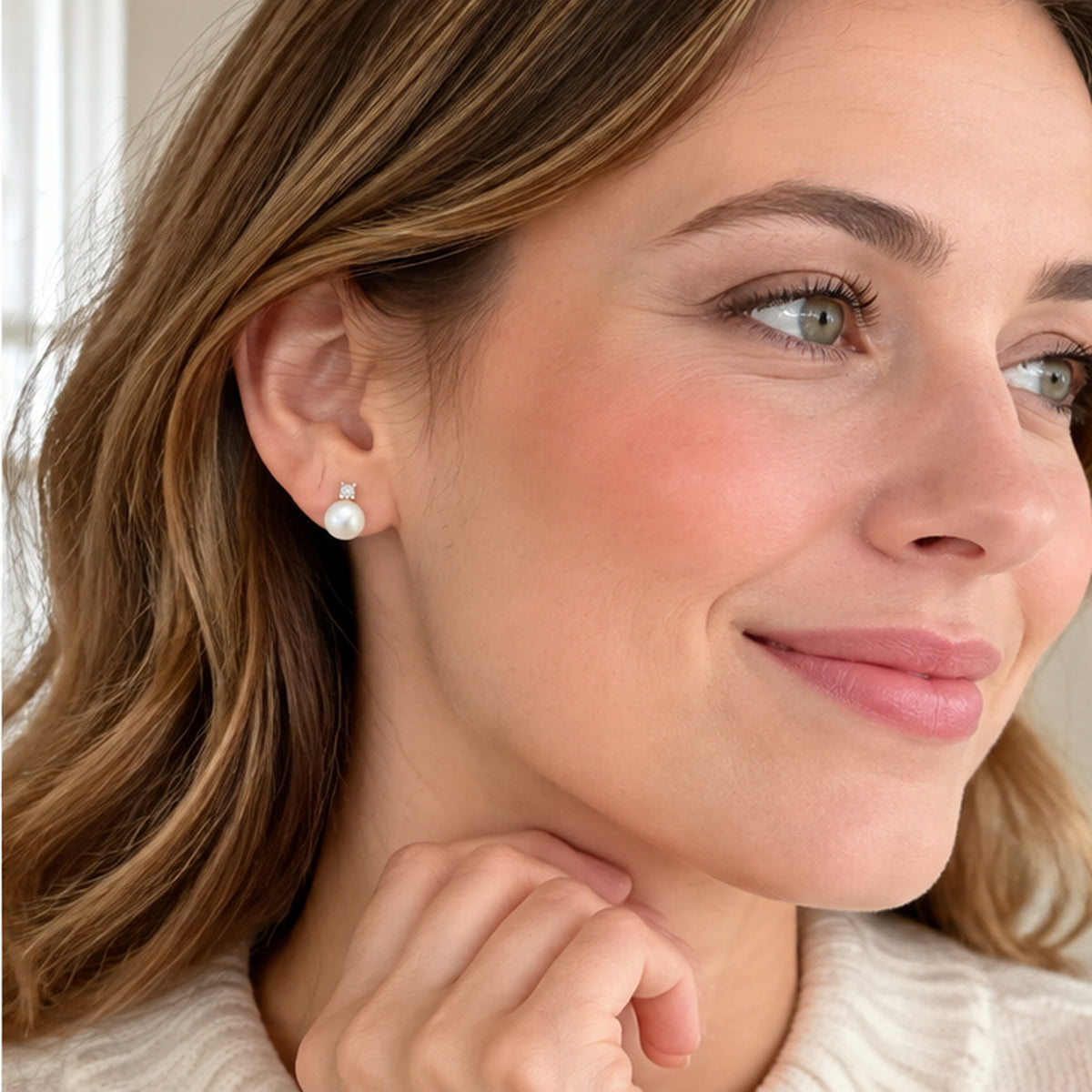 NZGO Pearl real pearl and clear stone stud earrings worn by model