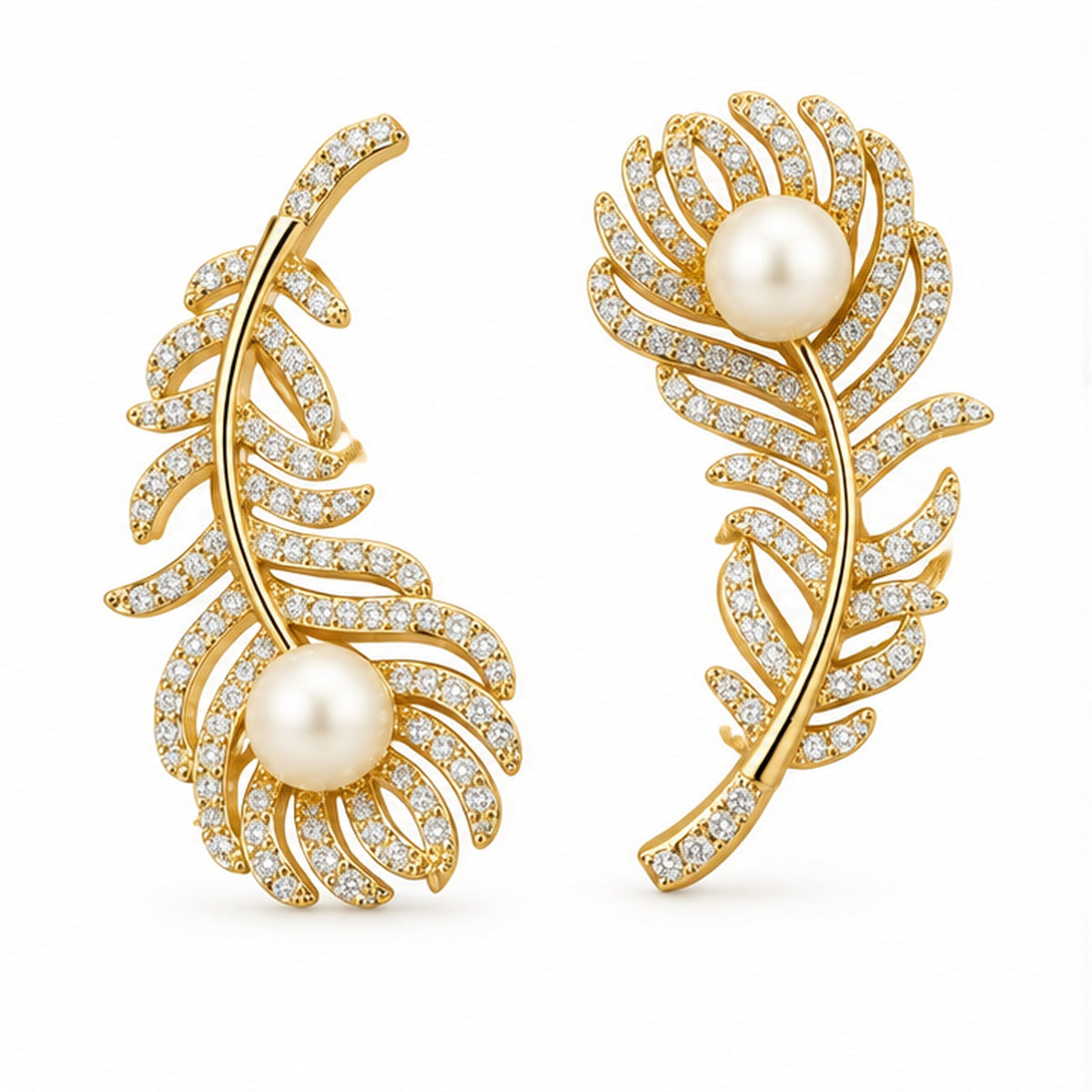 NZGO Pearl real pearl crystal feather earrings on a clean white background