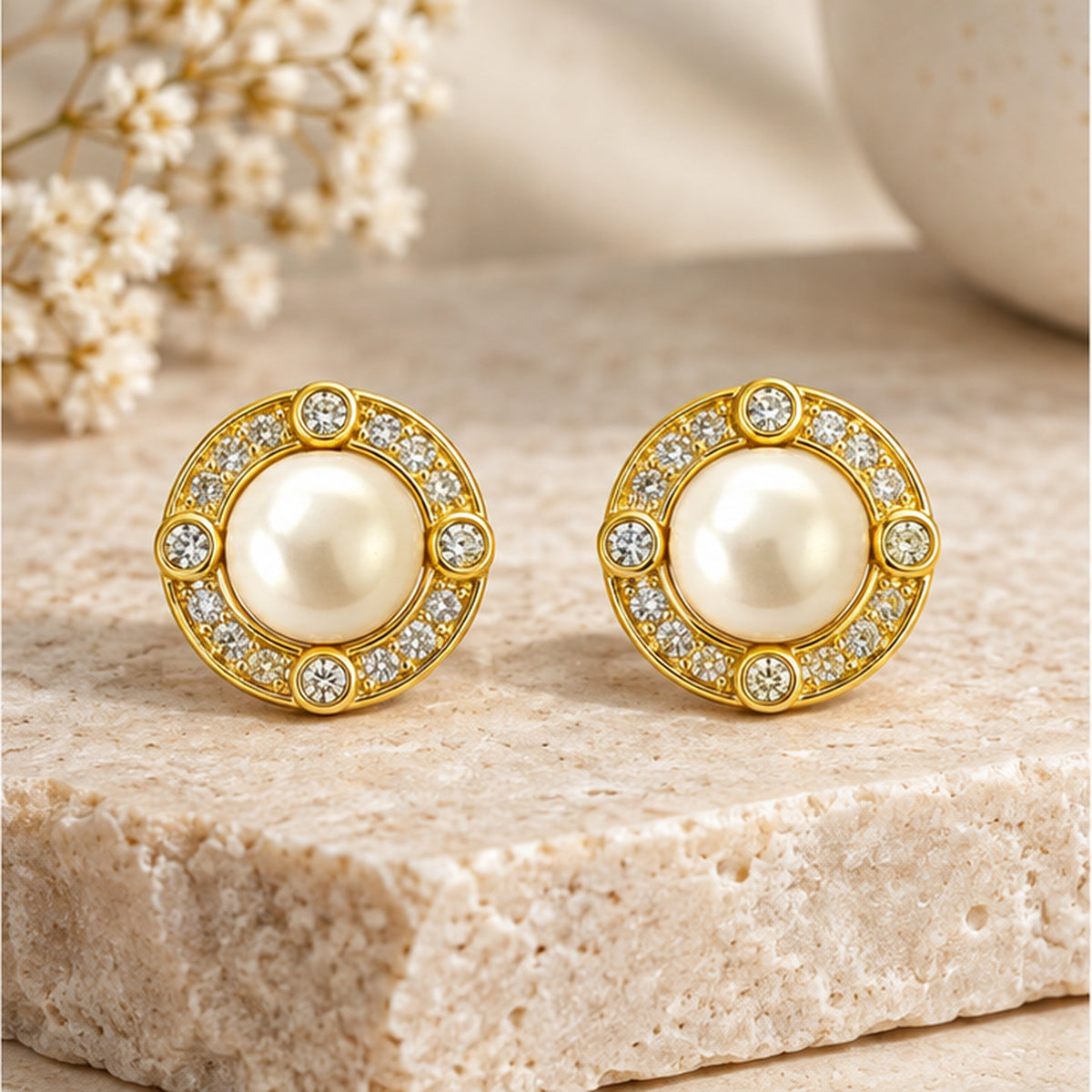 NZGO Pearl real pearl four-point halo stud earrings in a neutral studio setting
