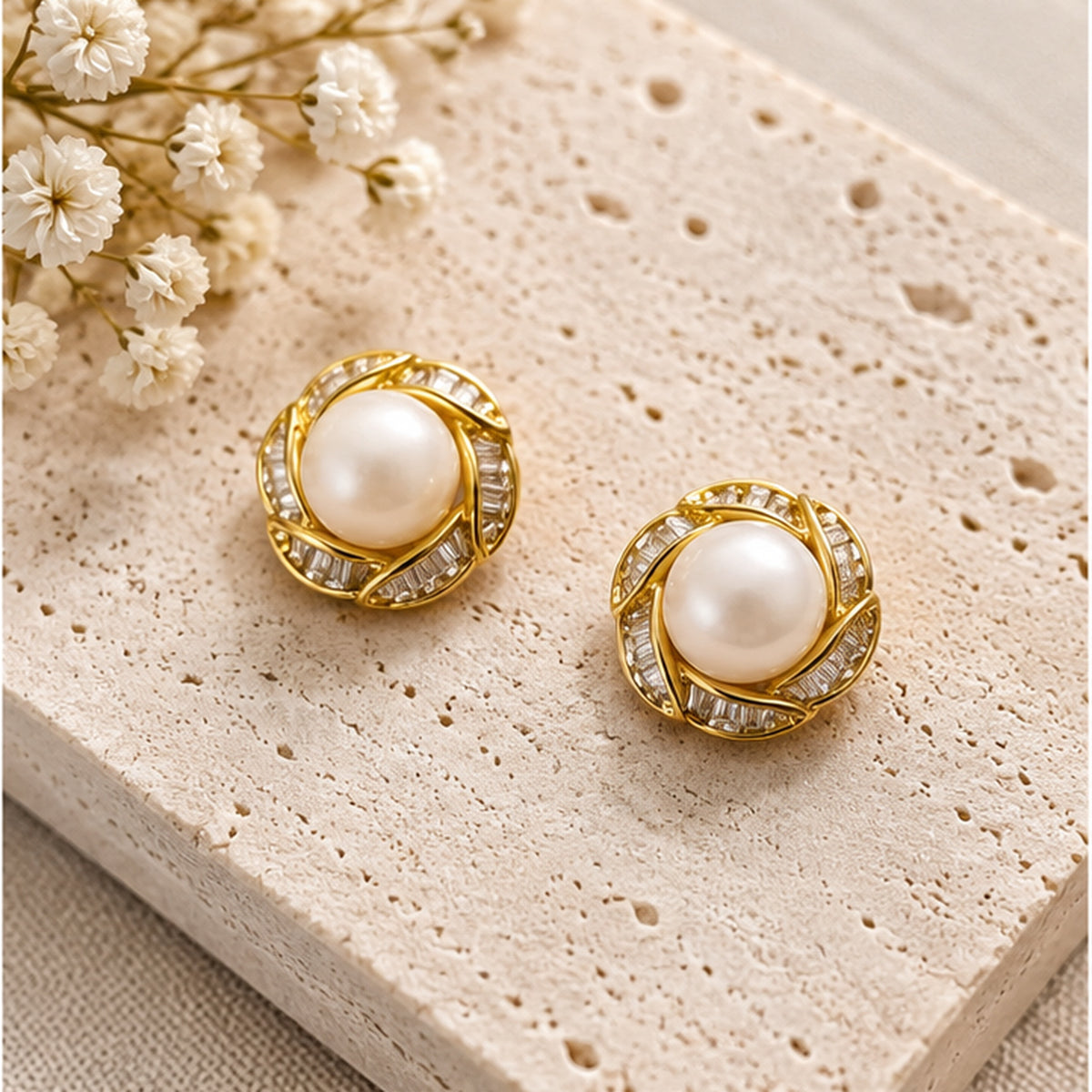 NZGO Pearl real pearl swirl halo stud earrings in a neutral studio setting