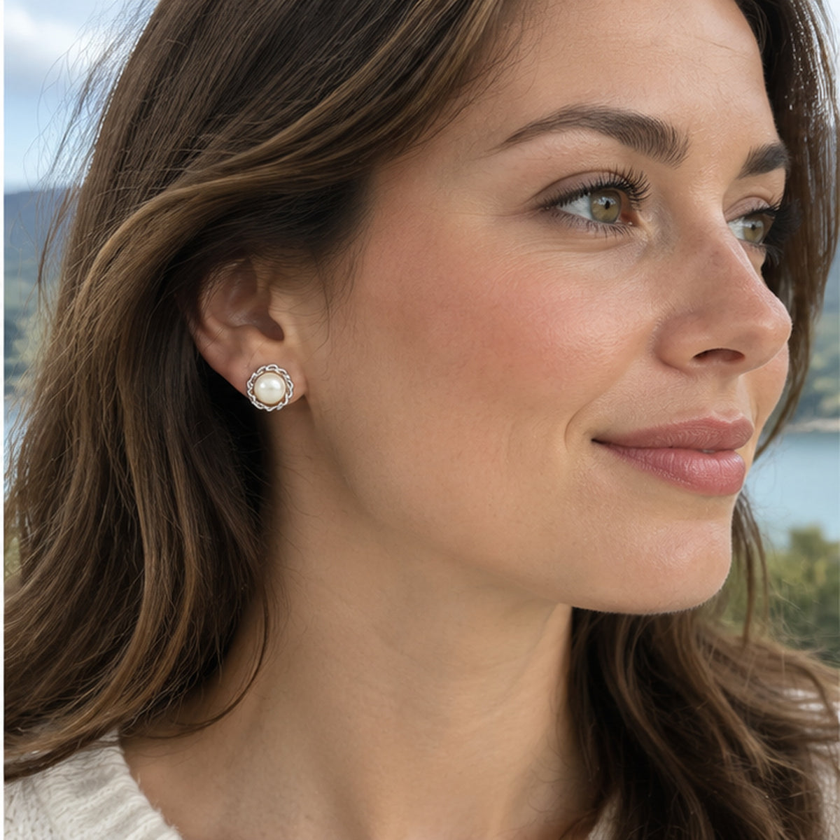 NZGO Pearl real pearl twisted halo stud earrings worn at realistic scale