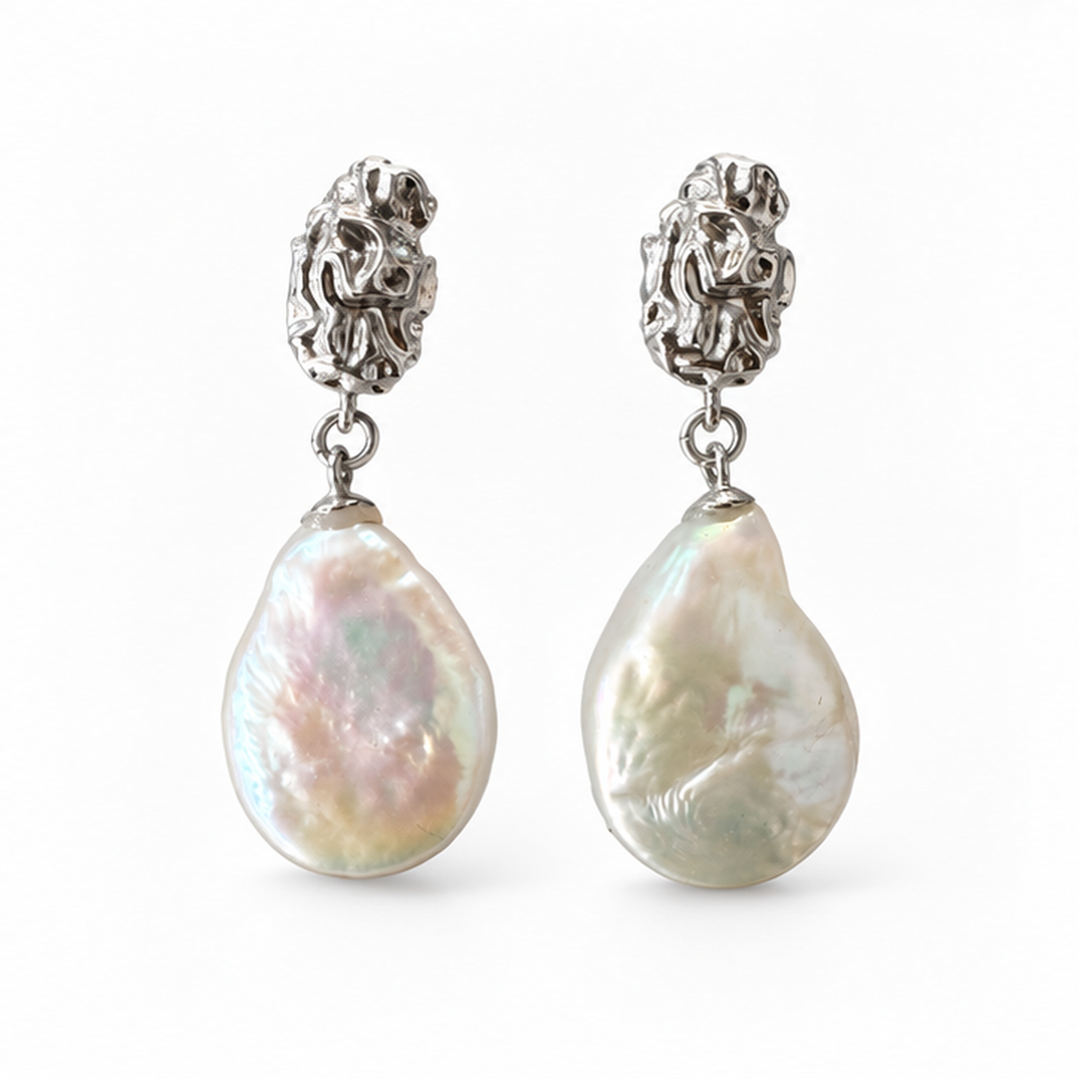 NZGO Pearl sculptural silver baroque pearl drop earrings on white background