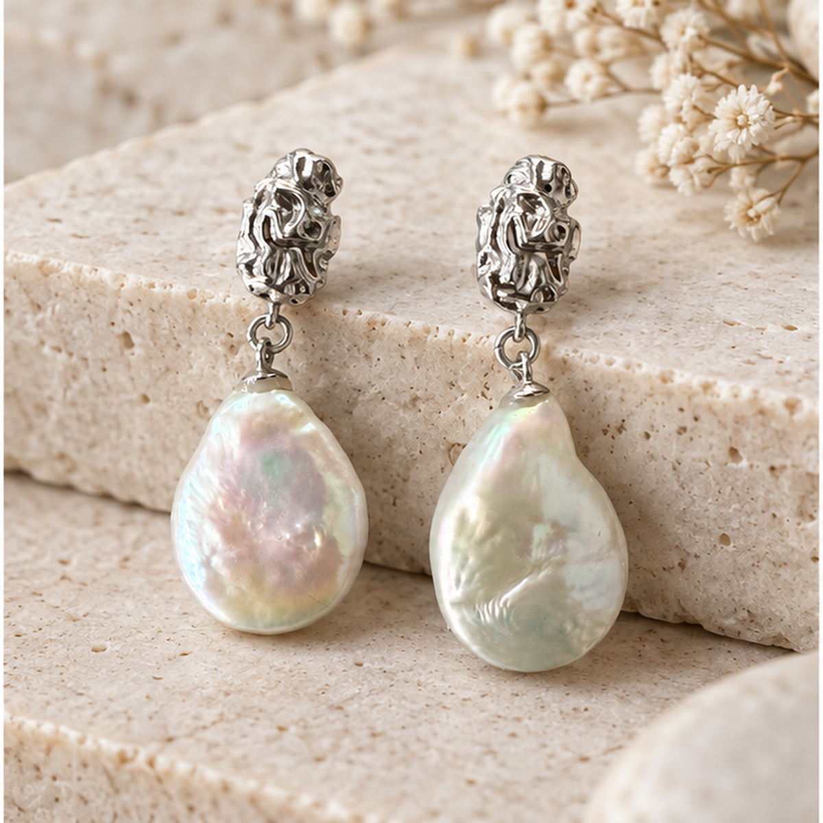 NZGO Pearl sculptural silver baroque pearl drop earrings styled on neutral stone