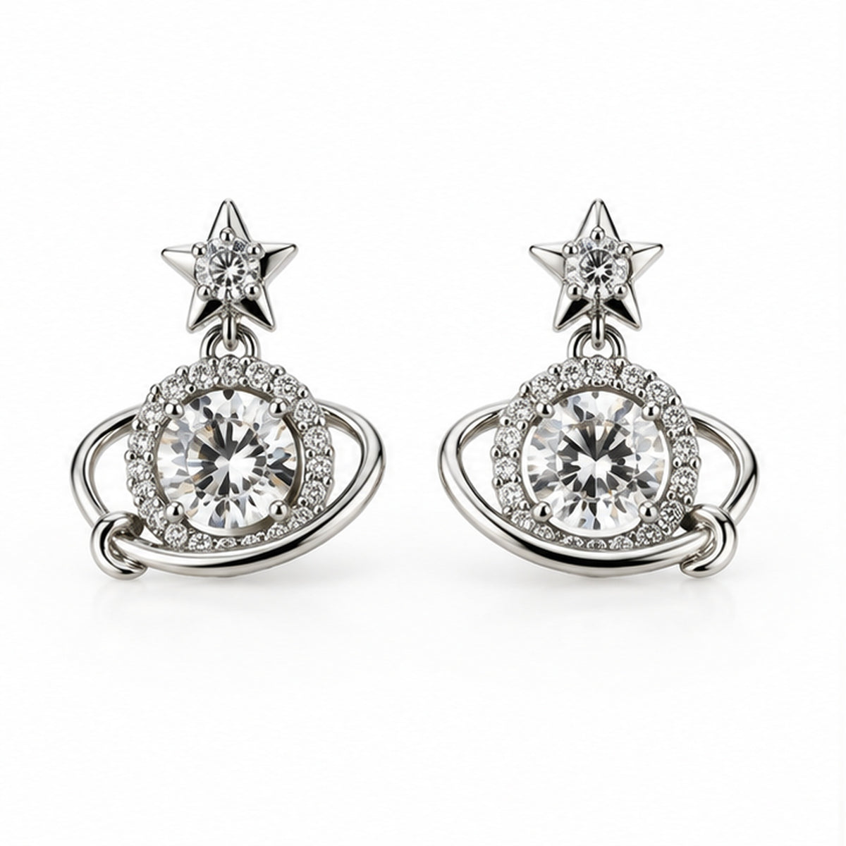 NZGO Pearl star orbit crystal drop earrings on a clean white background