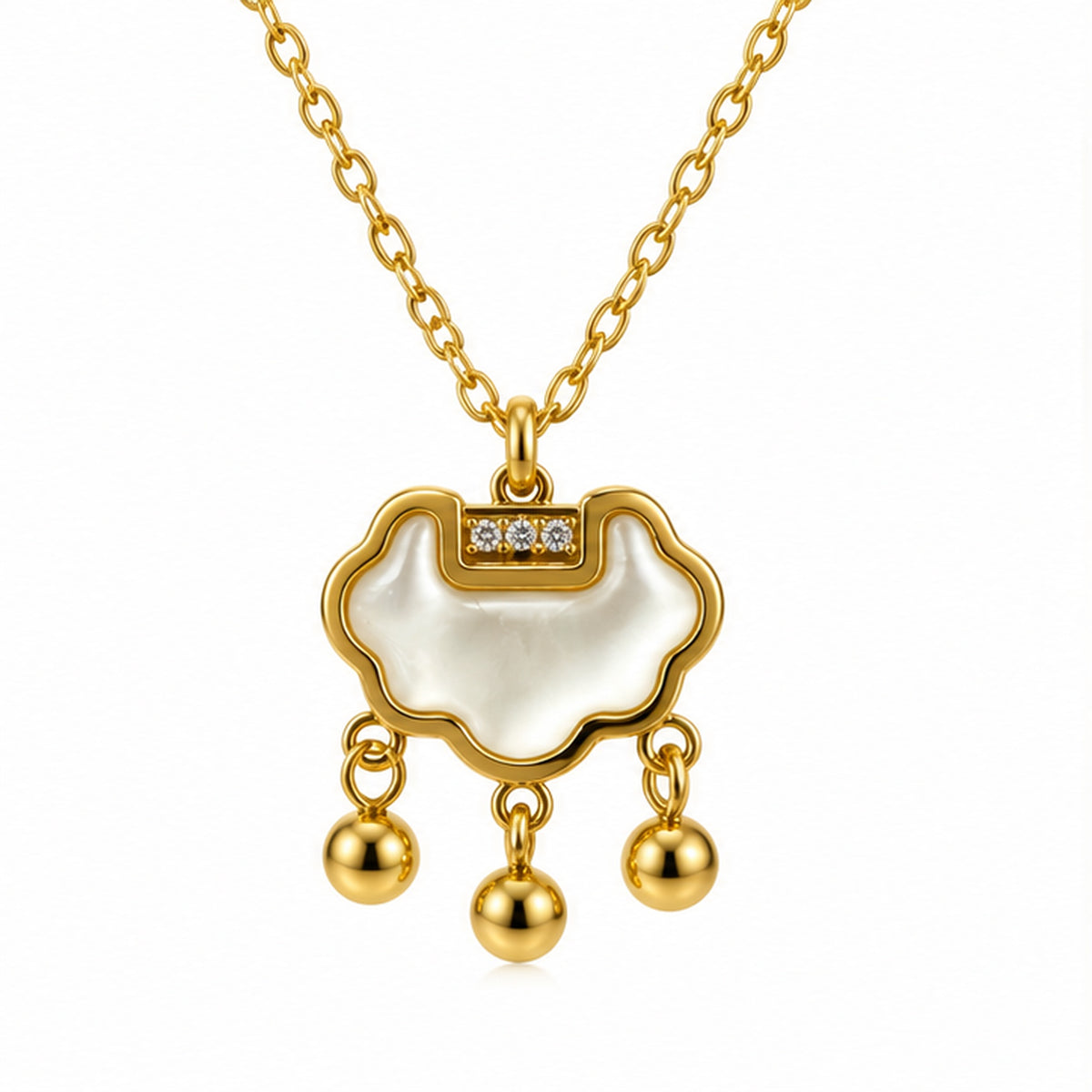 NZGO Pearl three-drop cloud pendant necklace on a clean white background