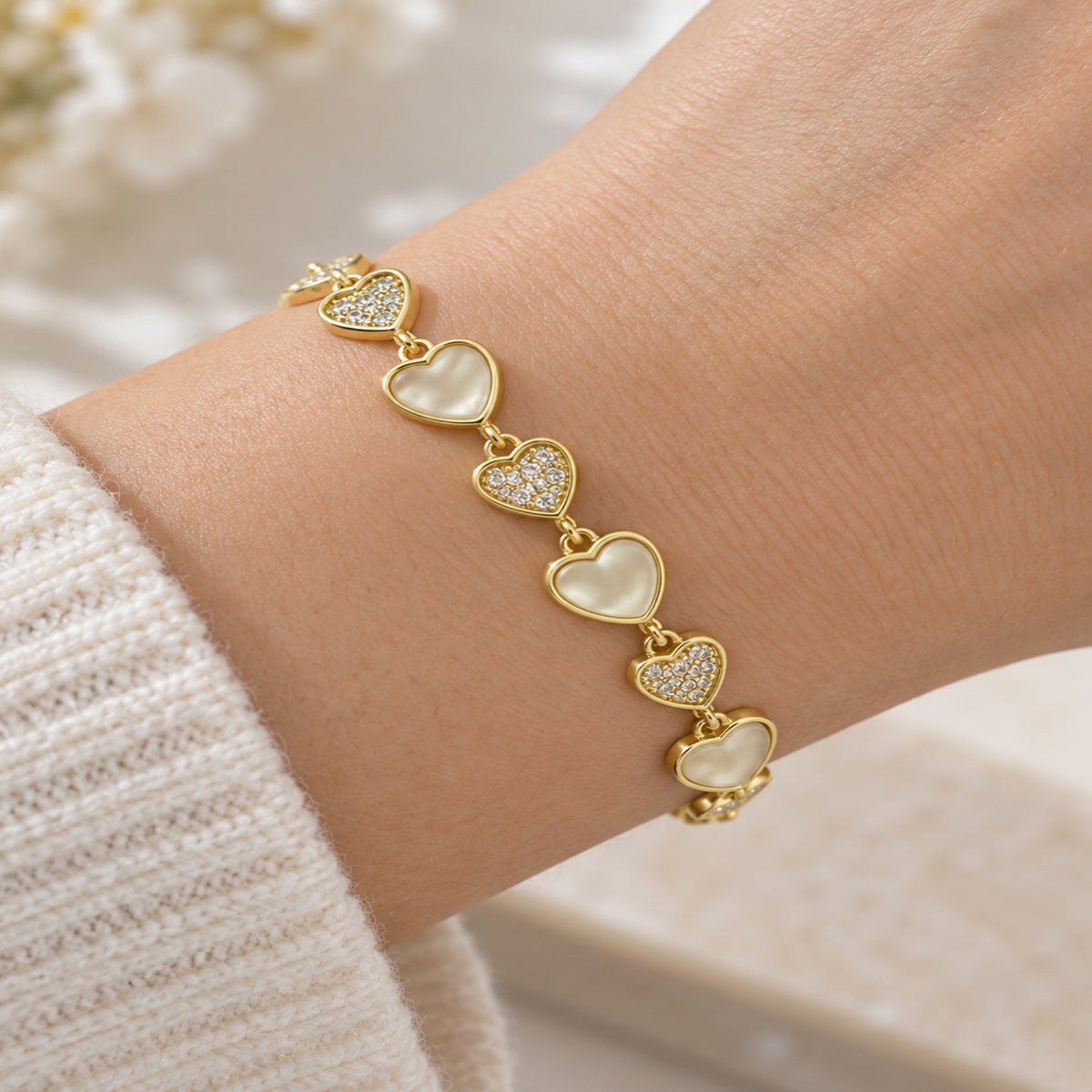 Gold-Tone Alternating Pavé Heart Link Bracelet