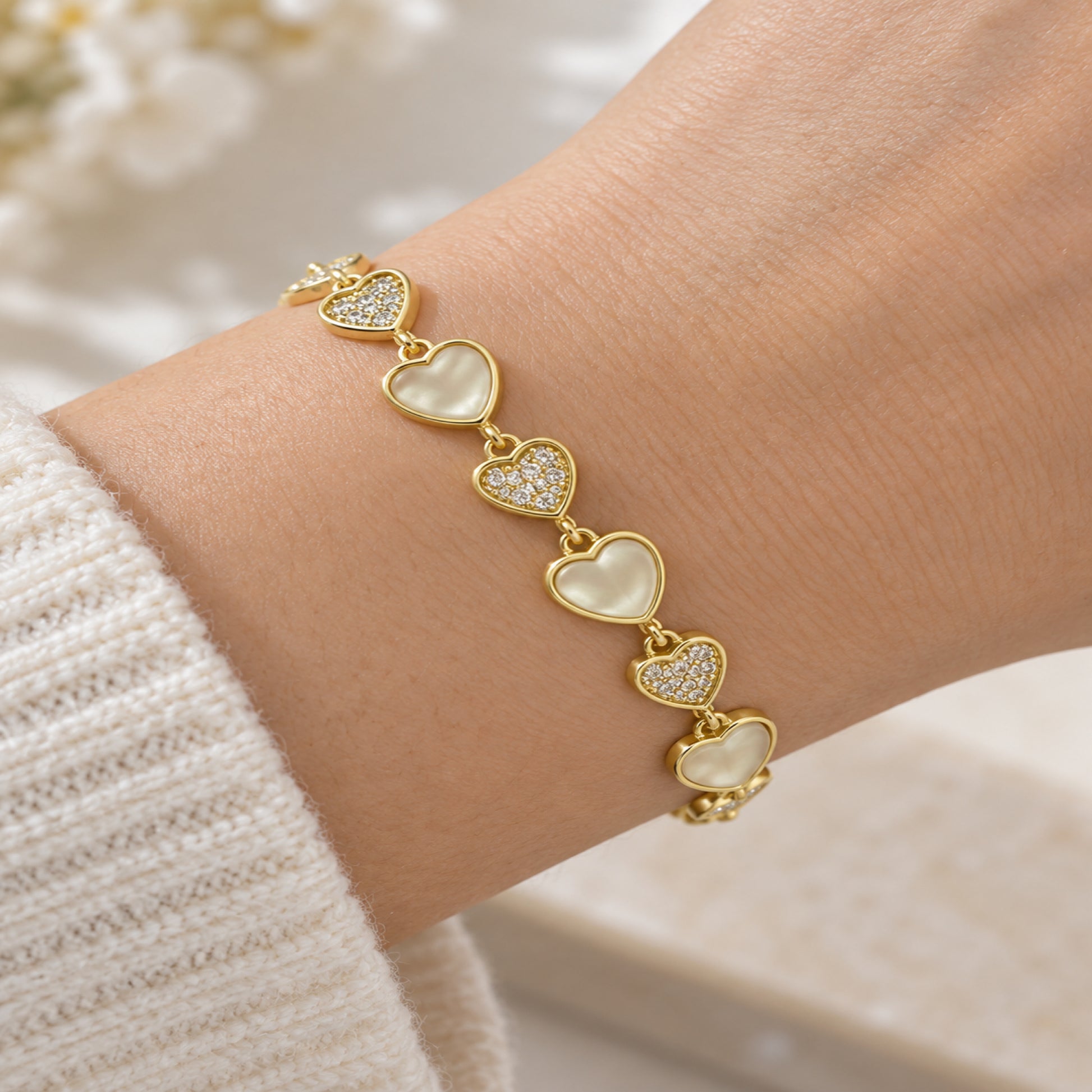Gold-Tone Alternating Pavé Heart Link Bracelet