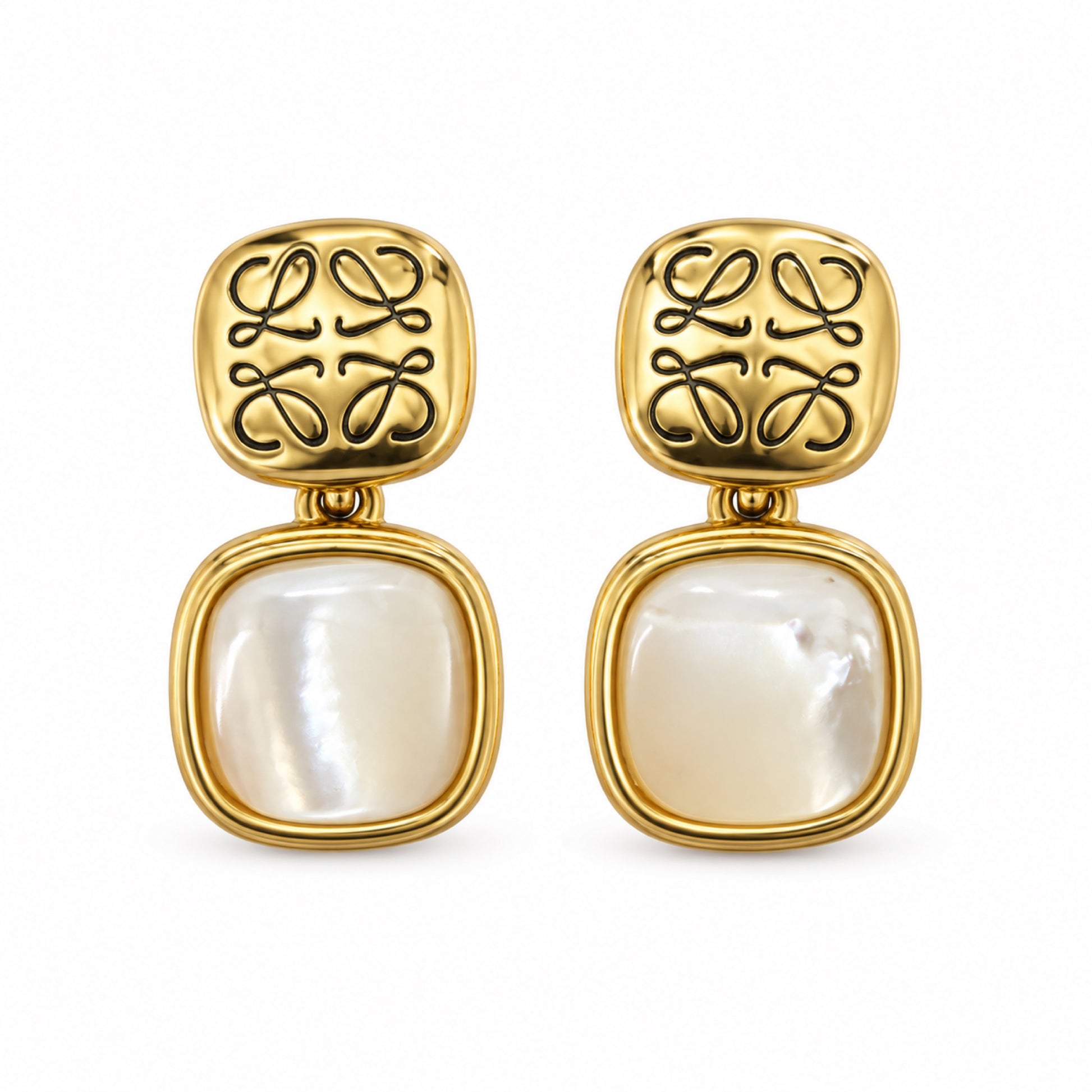 Gold-Tone Engraved Scrollwork Pearlescent Square Drop Earrings - view 1