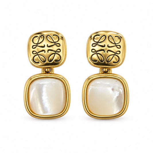 Gold-Tone Engraved Scrollwork Pearlescent Square Drop Earrings - view 1