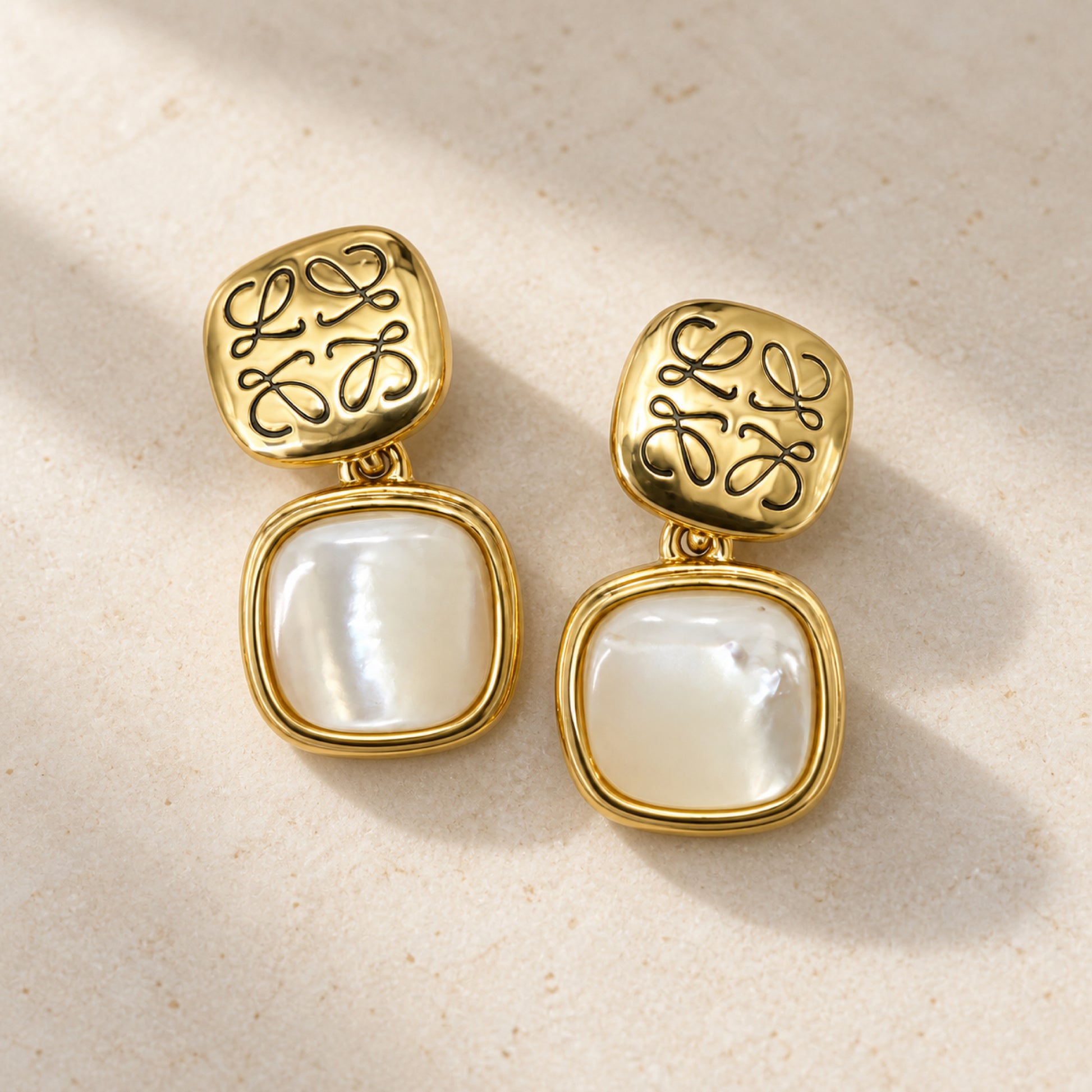Gold-Tone Engraved Scrollwork Pearlescent Square Drop Earrings - view 2